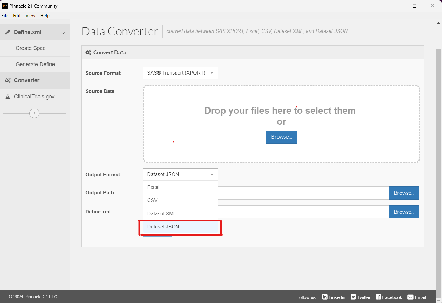 Dataset-JSON option in Output format dropdown in P21C